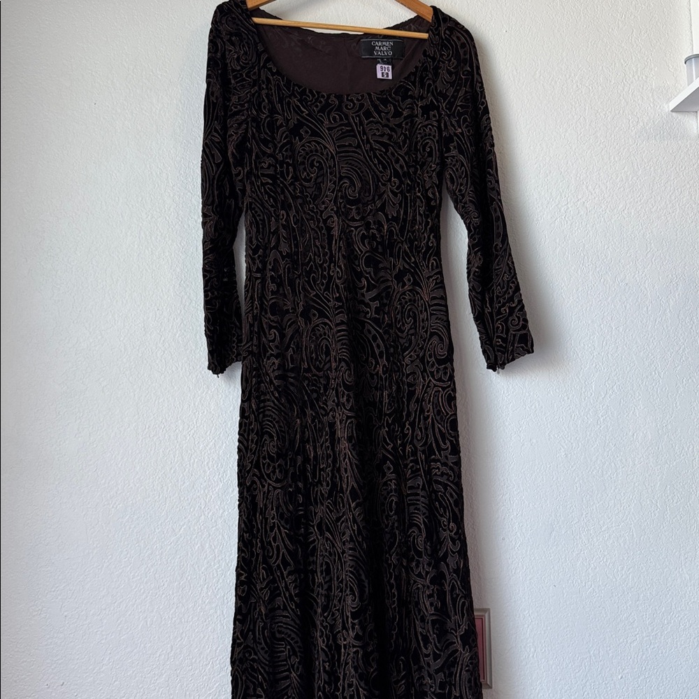 Carmen Marc Valvo Silk and Velvet Maxi Dress